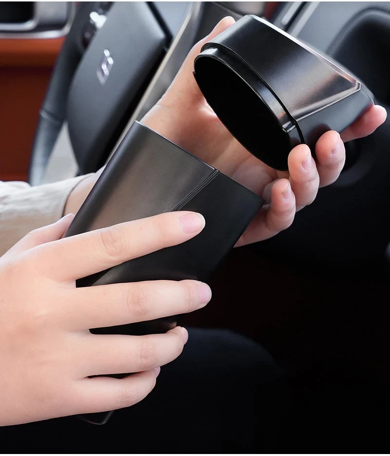 Schwarzer Autotür-Aufbewahrungs-Mülleimer, einfacher und tragbarer Mini-Auto-Mülleimer, Aufbewahrungseimer mit Deckel, Push-Pull, multifunktional – Detail 8