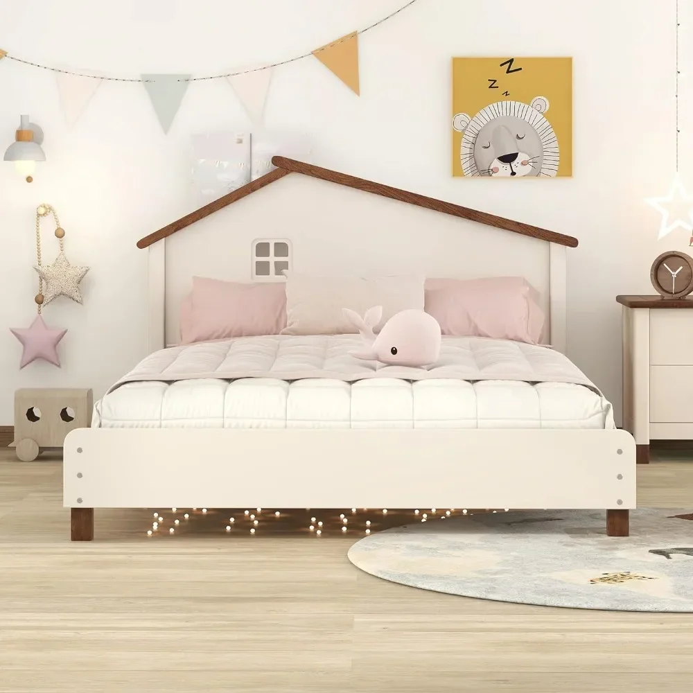 

No Box Spring Needed Kids Bed Frame Wood Platform Bed Frame for Children Easy Assemble (Full Cream+Walnut Bases & Frames