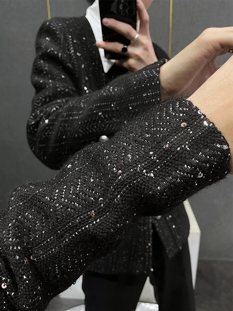 Fashionable Jacket Men's Winter High-End Short Double-Breasted Collarless Wide-Shoulder Jacket Men's Sequined Temperament Top