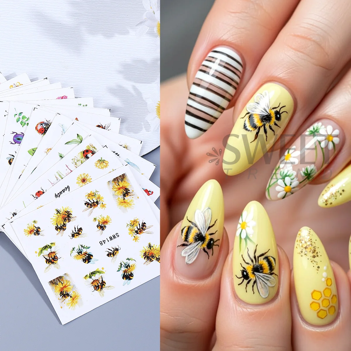 24pcs Summer Series Water Nail Sliders Ladybug Bee Dragonfly Insects Image Transfer Sticker Palm Flowers Design Tattoos Manicure