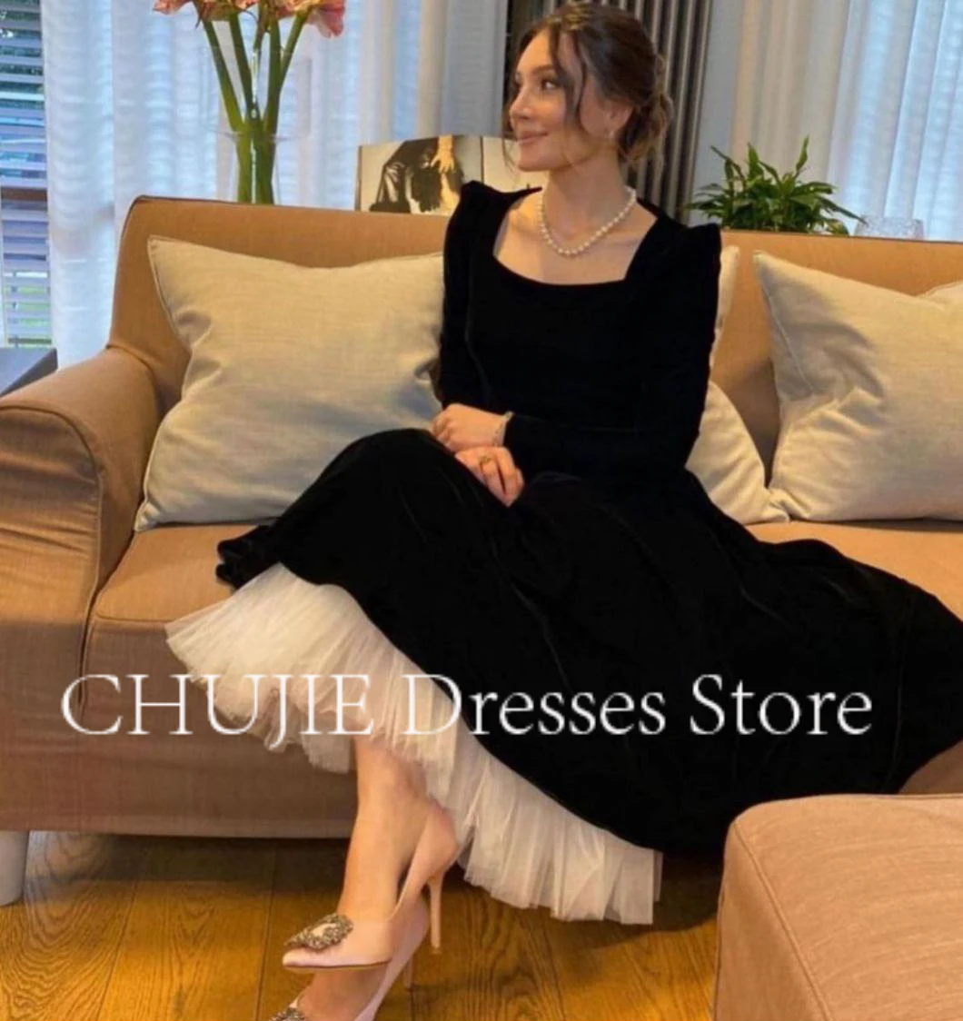 

CHUJIE Velvet Elegant Evening Dresses Saudi Arabic Women Prom Gowns Customized Long Sleeves Ankle Length Formal Evening Dress