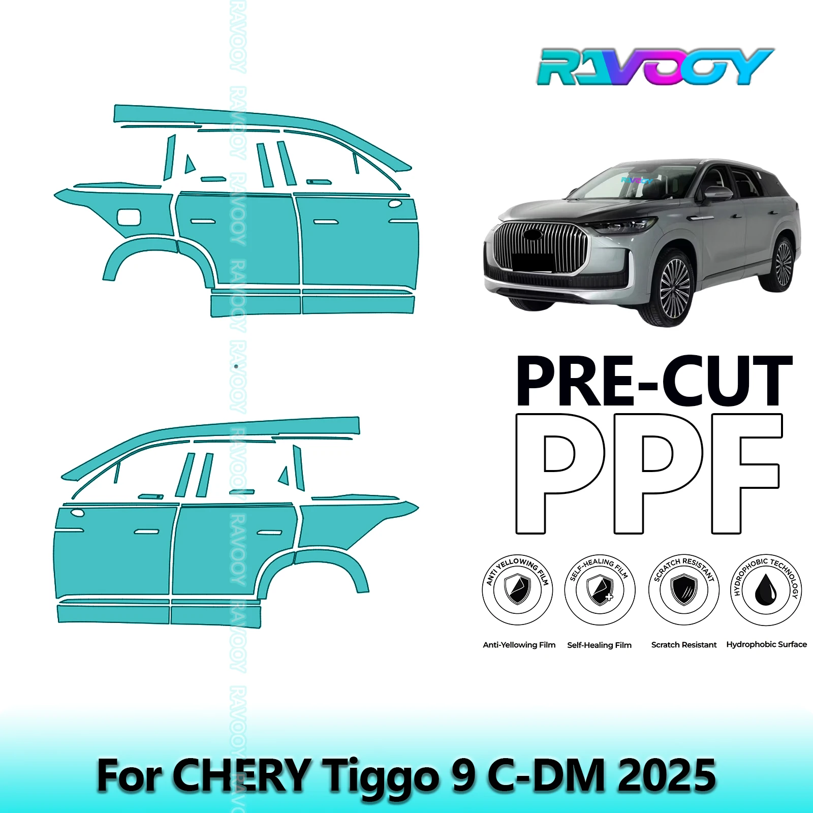 

For CHERY Tiggo 9 C-DM 2025 8.5mil Clear Matte Pre-Cut PPF Door & A/B Pillar Kit TPU Paint Protection Film Set