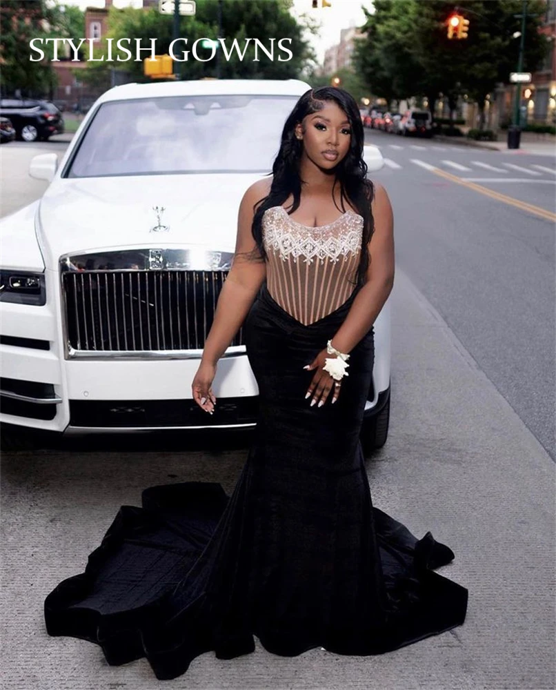 

Velvet Strapless Long Prom Dress For Black Girl Bead Crystal Birthday Party Dresses Evening Gowns Mermaid Robe De Bal Customized