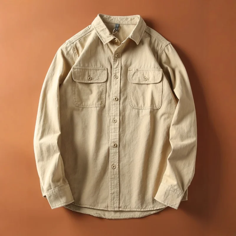 Весенне-осенняя новая мужская рубашка с двойным карманом, потертый и матовый свободный универсальный топ с длинными рукавами в японском стиле ретро