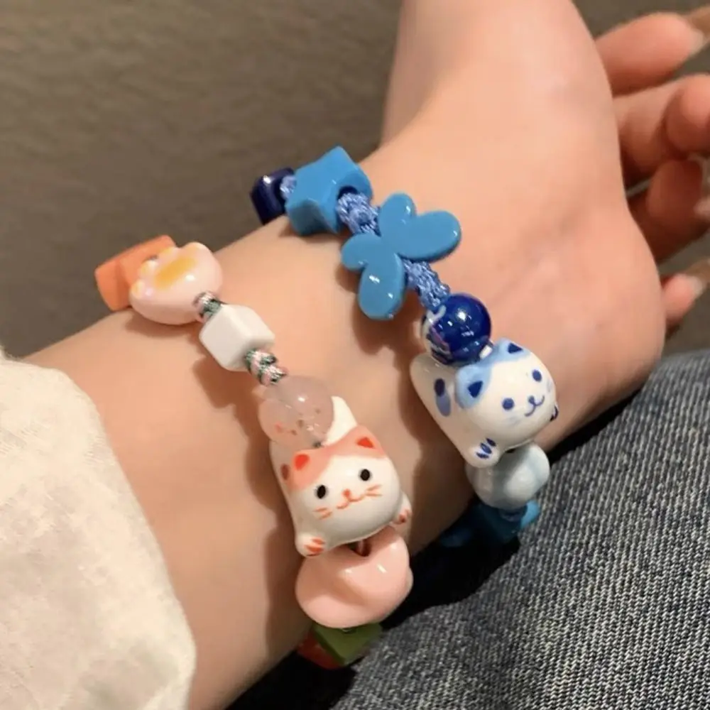 Handmade Ceramic Cat Bracelet Lucky Cat Liuli Bead Maneki Neko Bracelet Jewelry Accessories Korean Style Cat Bead Bracelet