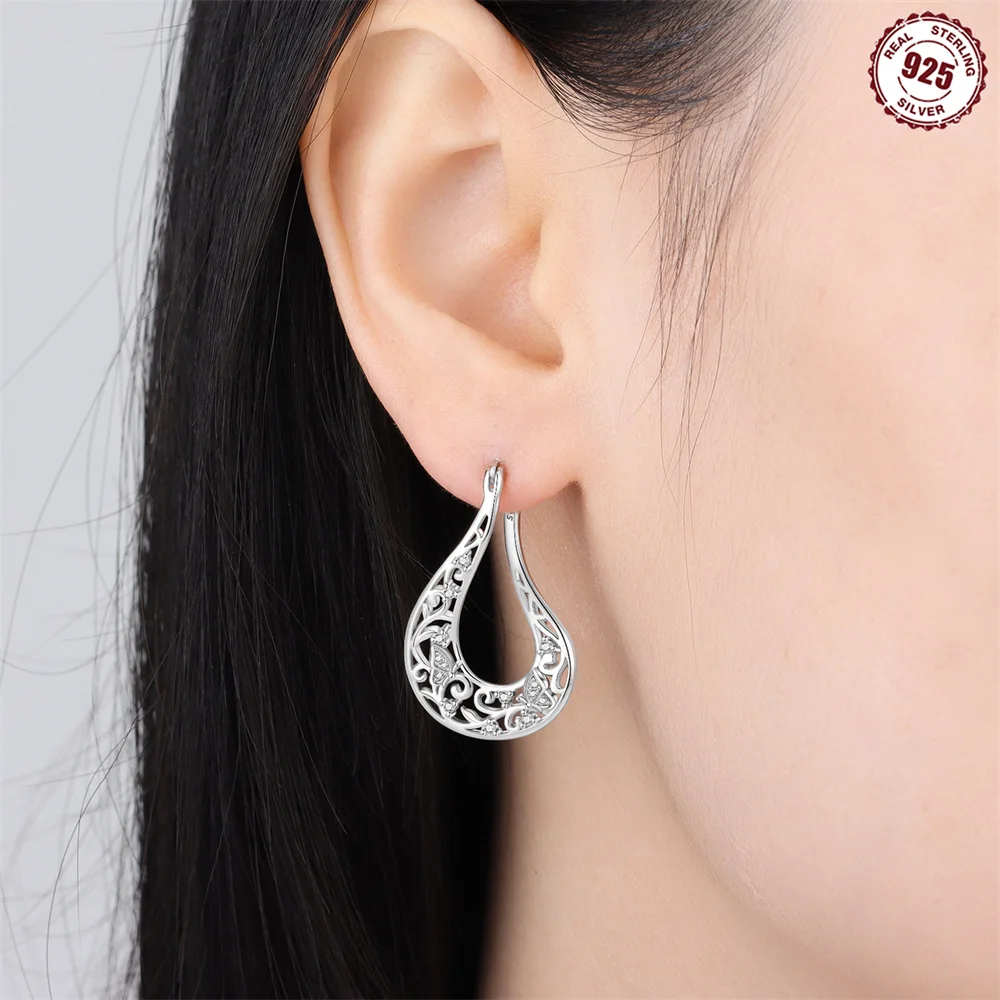 925 Sterling Silver Openwork Scroll Butterfly Teardrop Huggie Hoop Earrings Hollow Vintage Filigree Earrings Women Jewelry Gift