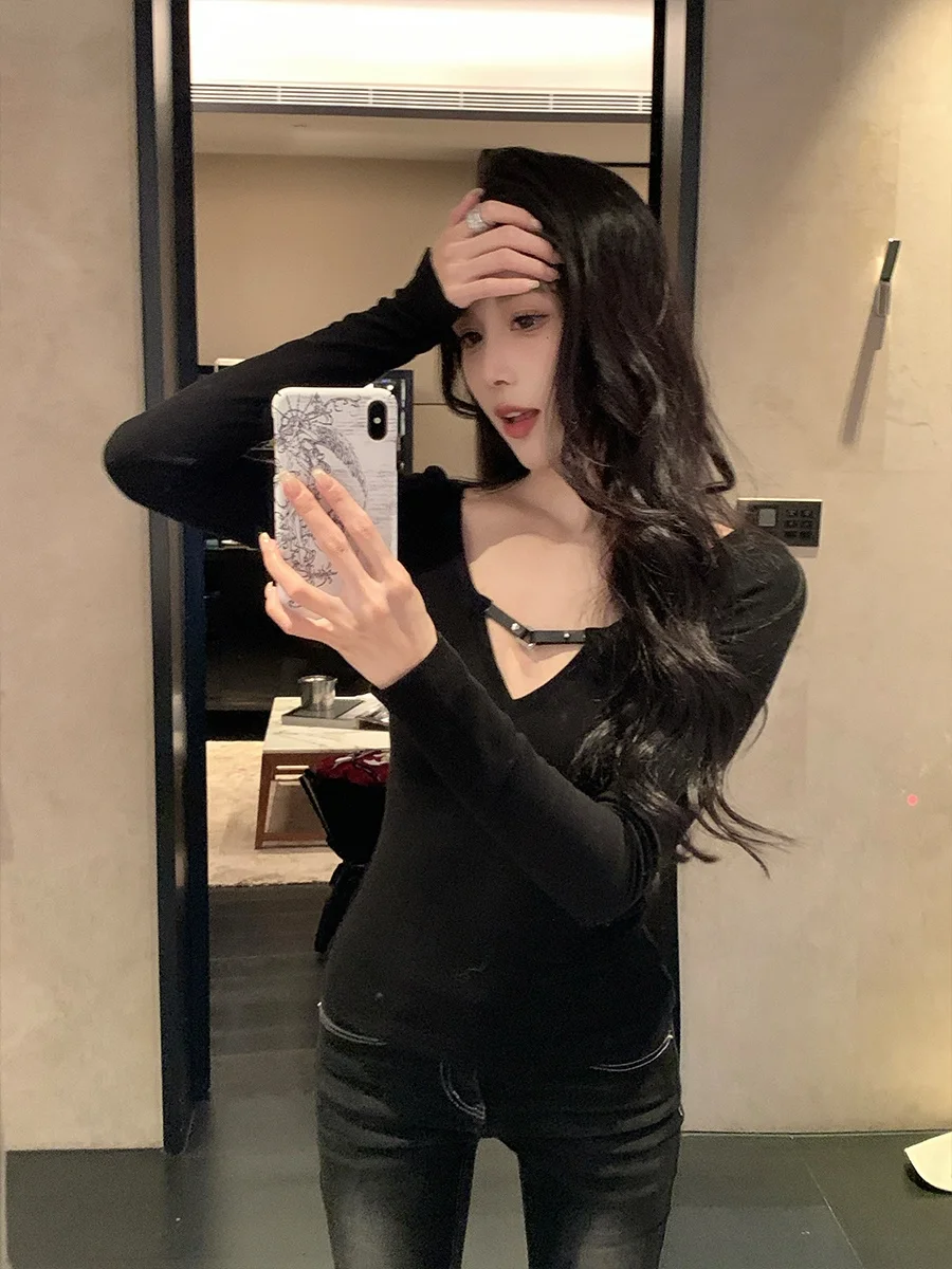 

Sexy Slimming Knitted Sweater Women's Faion V-ne Design Casual Long Sve Inner Wear Top Waist-cinching Decorative Collar