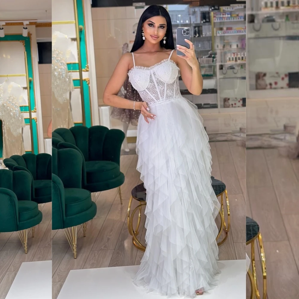 

Customized Tulle Tiered Pleat A-line Spaghetti Strap Long Dresses Homecoming Dresses High Quality Exquisite Simple Matching