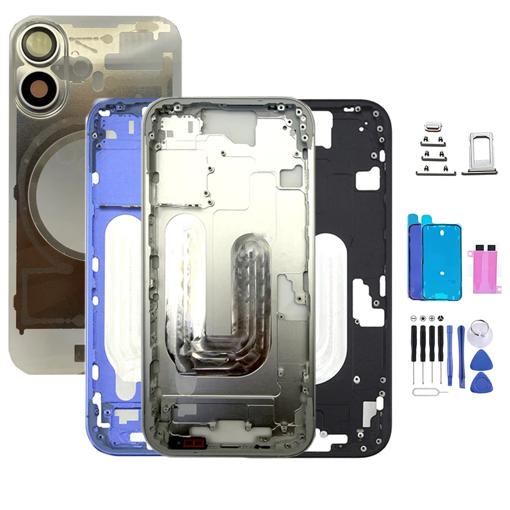 Комплект для замены корпуса iPhone 16/16 Plus: средняя рамка + прозрачная задняя стеклянная панель с боковыми кнопками для ремонта телефона