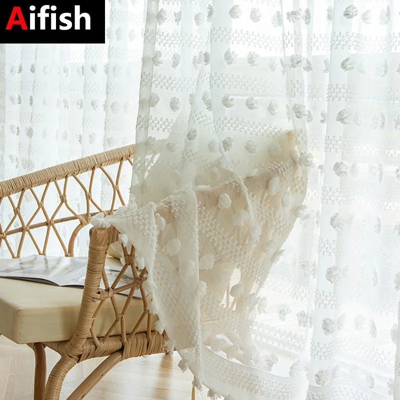 White Stripe Tulle 3D Pompom Embroidery Sheer Curtain for Living Room Elegant Light Filtering Translucent Voile Window Drapes