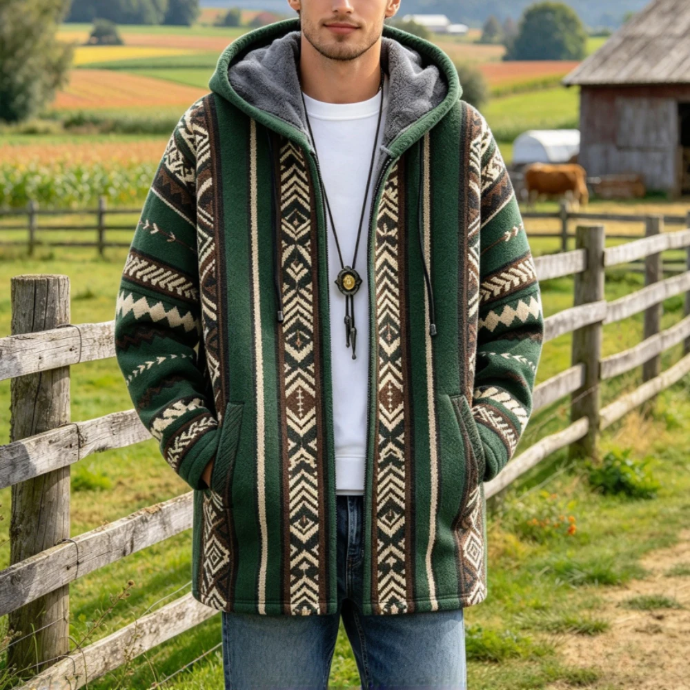Men Ethnic Aztec Navajo Geometric Print Hooded Long Coat Winter Thick Fleece Lined Zip Up Oversized Warm Polyester Outerwear