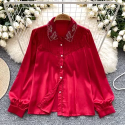 Chic Embroidered Beads Basics Long Sleeves Elegant Polo-neck Loose Single Breasted Top French Office Lady Autumn Satin Clothing