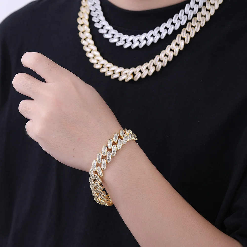 

15 мм кубинский браслет-цепочка с Т-образным квадратным смешанным цирконием, уличные украшения в стиле хип-хоп для мужчин