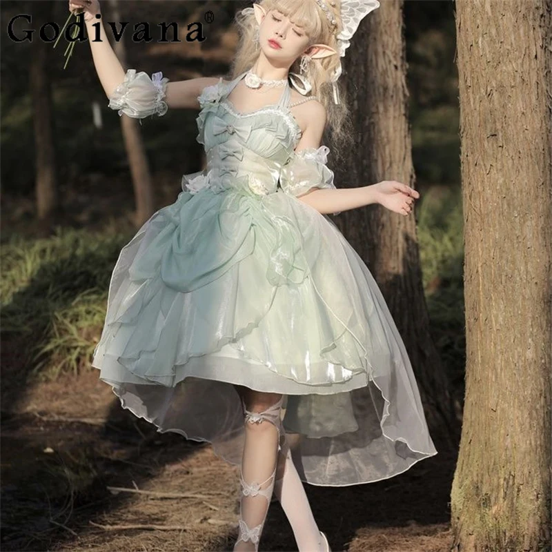 

Sweet Lolita Bow Halter Neck JSK Suspender Princess Dress Summer New Girls High Waist A-line Green Temperament Birthday Dresses