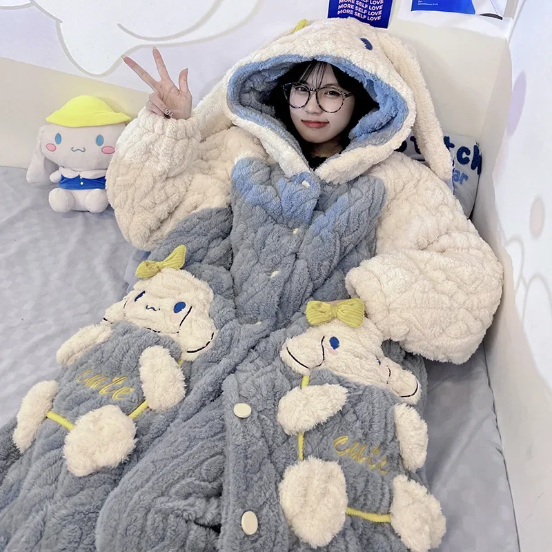 

Anime Hello Kittys Women's Pajamas Three-Layer Cotton Winter Kawai Cinnamoroll Long Hooded Nightgown Thicken Warm Loungewear Set