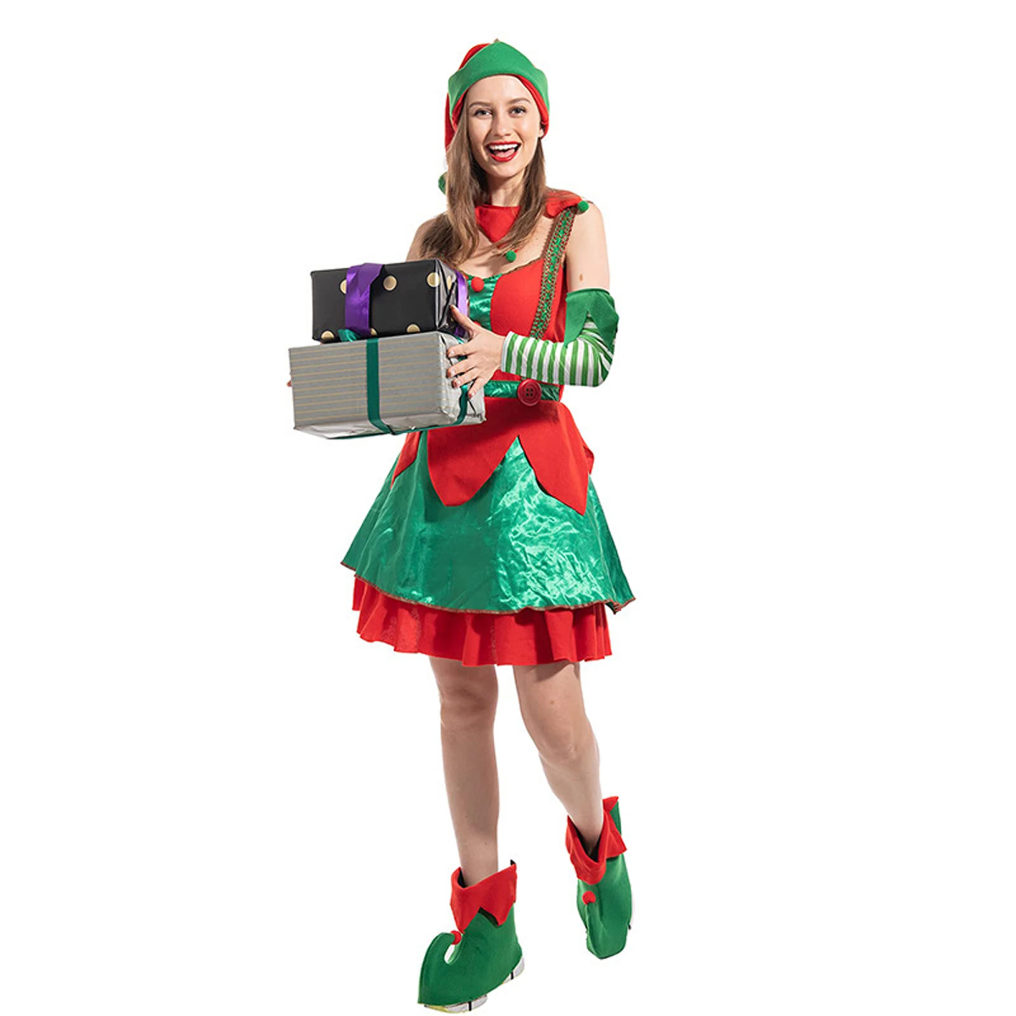 Conjunto de fantasia de elfo de Natal feminino com vestido sem mangas, chapéu e mangas de braço para cosplay, roupas de festa de dramatização – fofo e