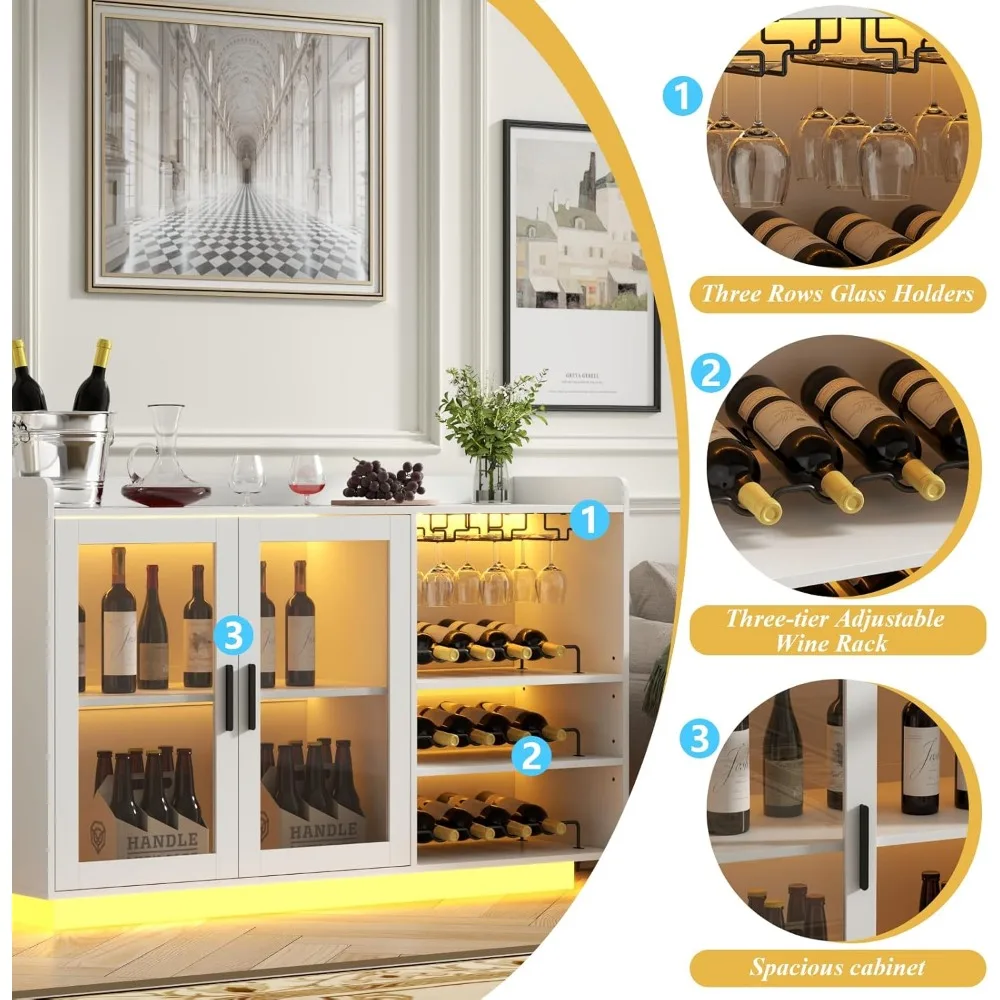Wine Bar Cabinet with LED Lights, Floating Coffee Bar with Glass Rack and Removable Wine Racks, Modern Buffet Sideboard with St
