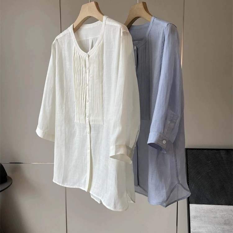 

Elegant Ageless Cotton Linen Shirt Women's round Neck Flat Weave Shirt Zong Material He2900 Pleated Shirt for Ladies