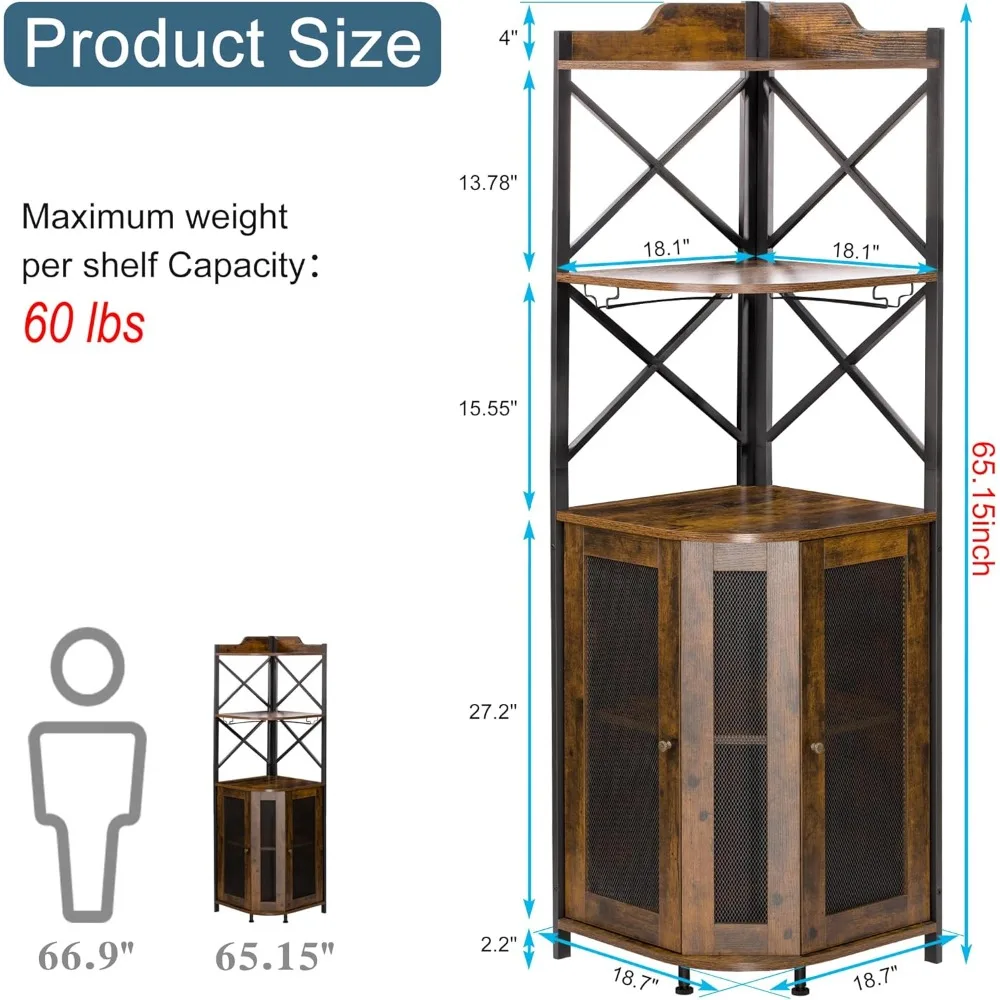 5단 러스틱 와인 바 캐비닛 LED 조명 및 유리 홀더 포함, 인더스트리얼 스타일 주류 보관함