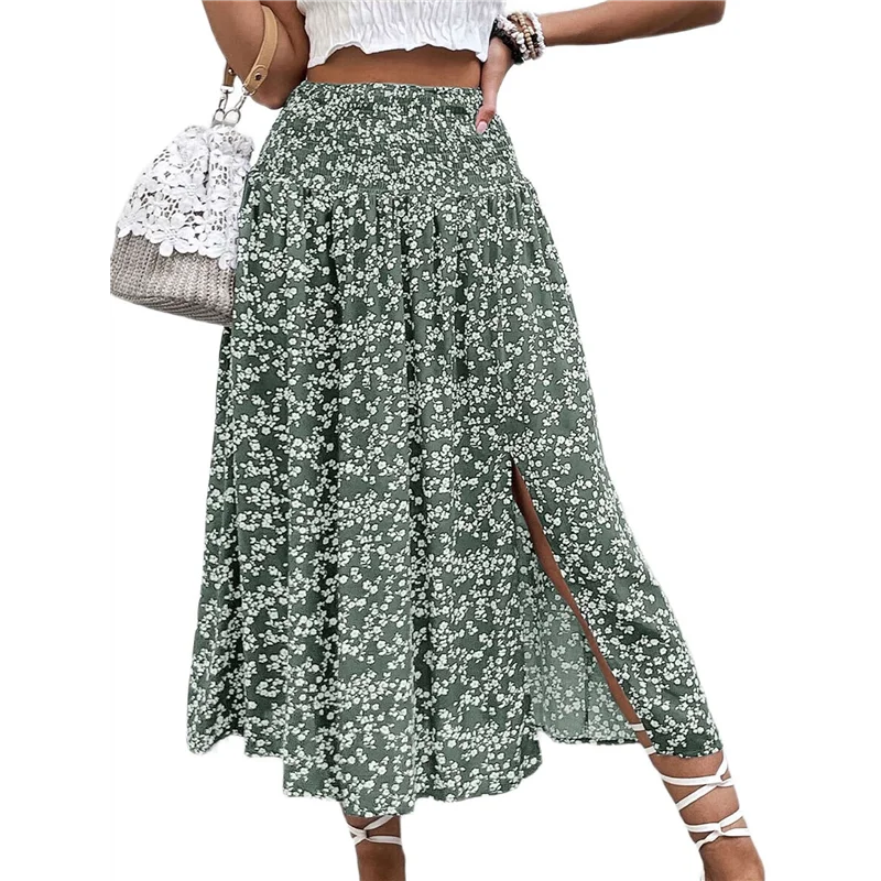 ABRT-Faldas longas estampadas femininas cintura alta divididas uma linha saia maxi de comprimento total