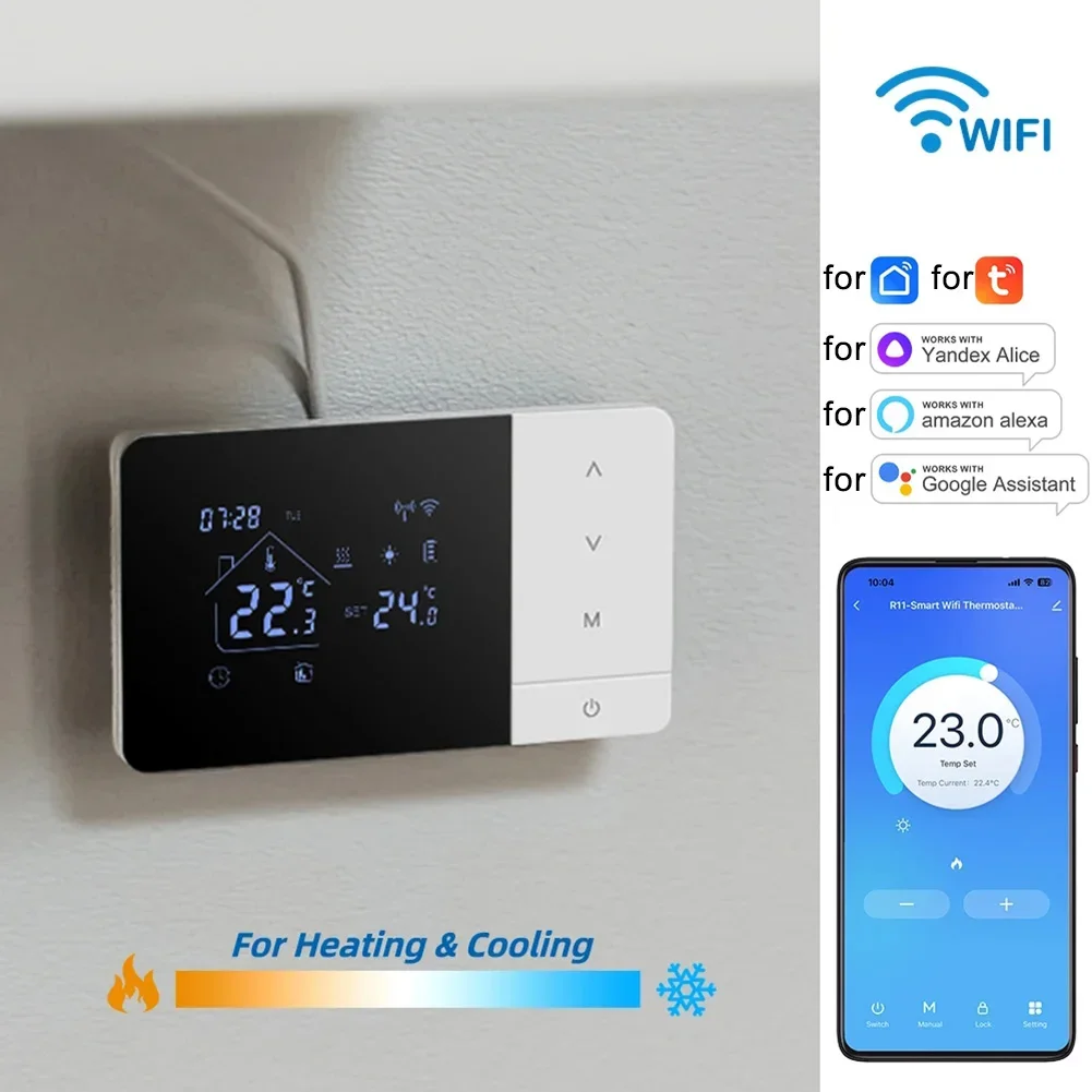 WiFi Programmable Thermostat, Compatible With Tuya/Smart Life App, Heating&Cooling, Battery Or USB Power, For Gas Boiler Control