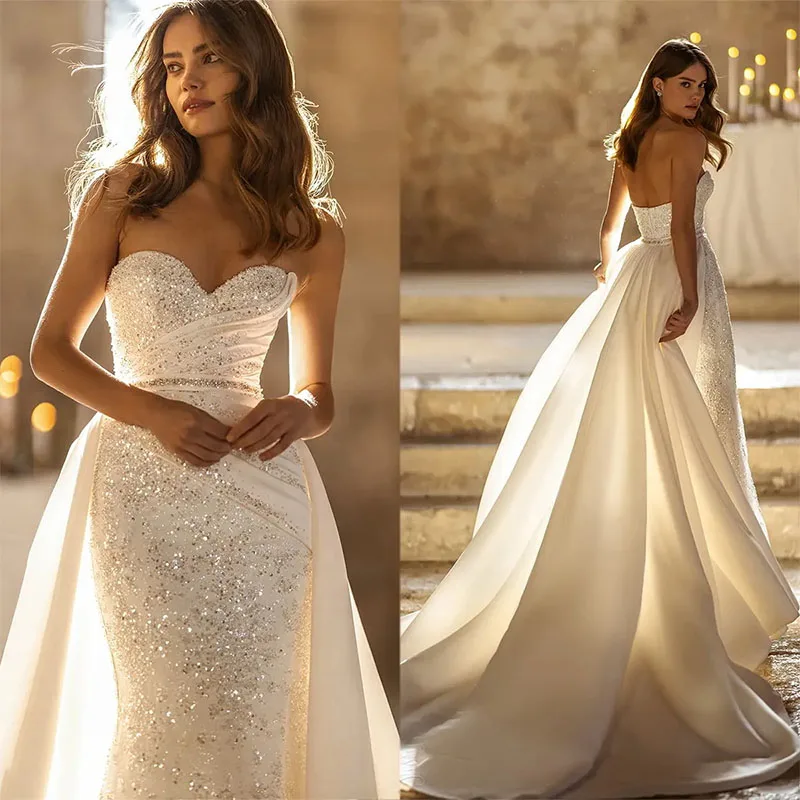 Squisiti abiti da sposa a sirena Abiti da sposa senza spalline con scollo a cuore Abiti da sposa in raso con paillettes staccabili personalizzati