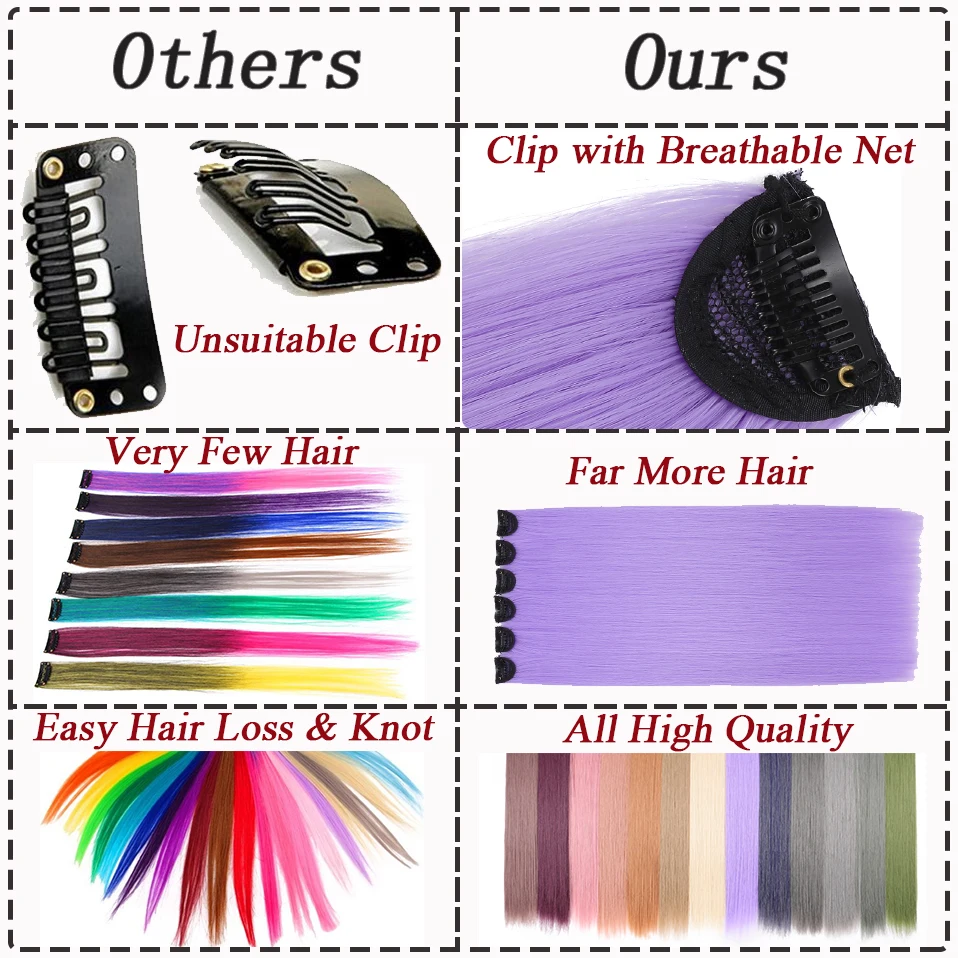 Synthetic Colored Clip In Hair One Piece Extensions Straight Rainbow Clips in Hair 5-7 Packs Long 22inch Clip in Hair For Kids