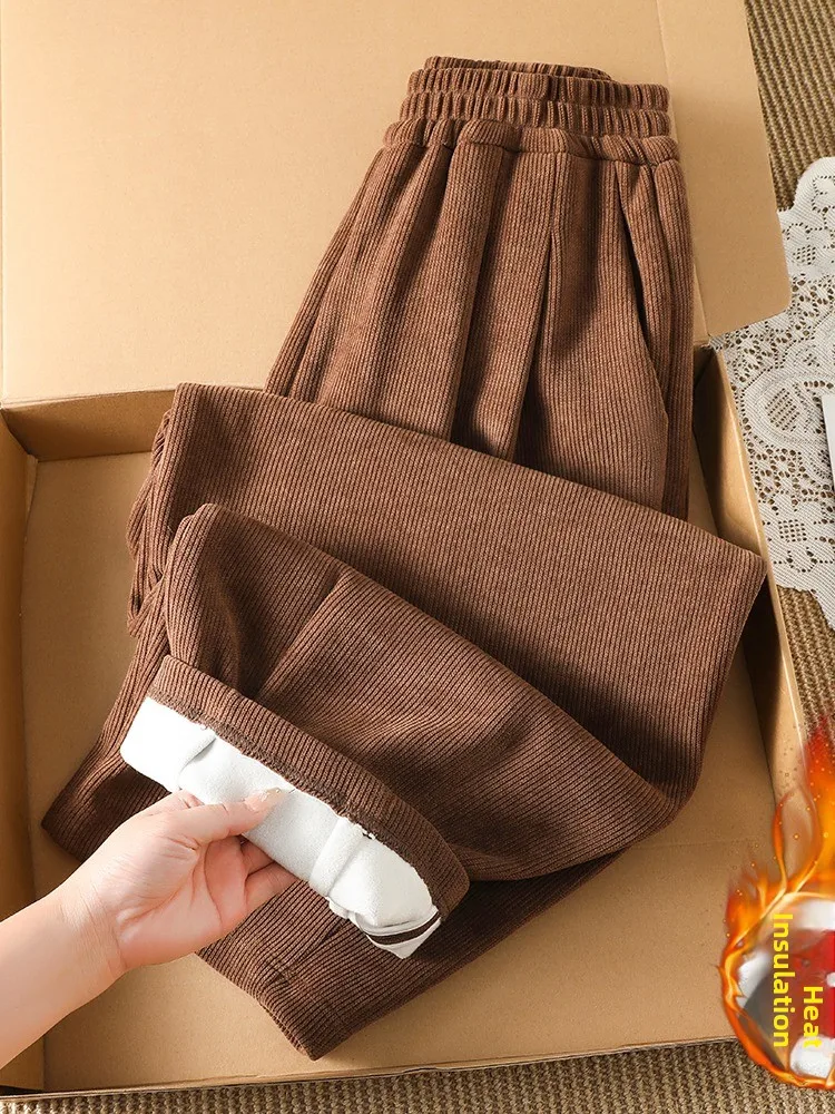 Retro Coffee Color Corduroy Wide Leg Pants Women's Winter Comfortable All Matched Fleece Thick Straight Balloon Pants