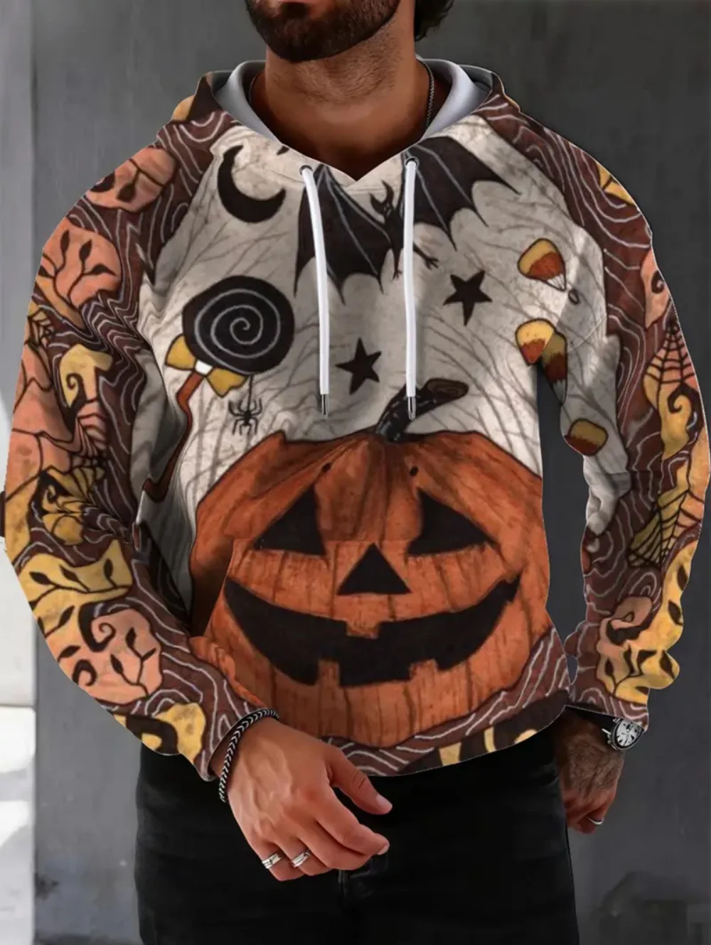 Halloween Men Sweatshirts Long Sleeve Pumpkin Print Hoodie for Man Casual Streetwear Pullover Y2k Clothes Vintage Male Clothing