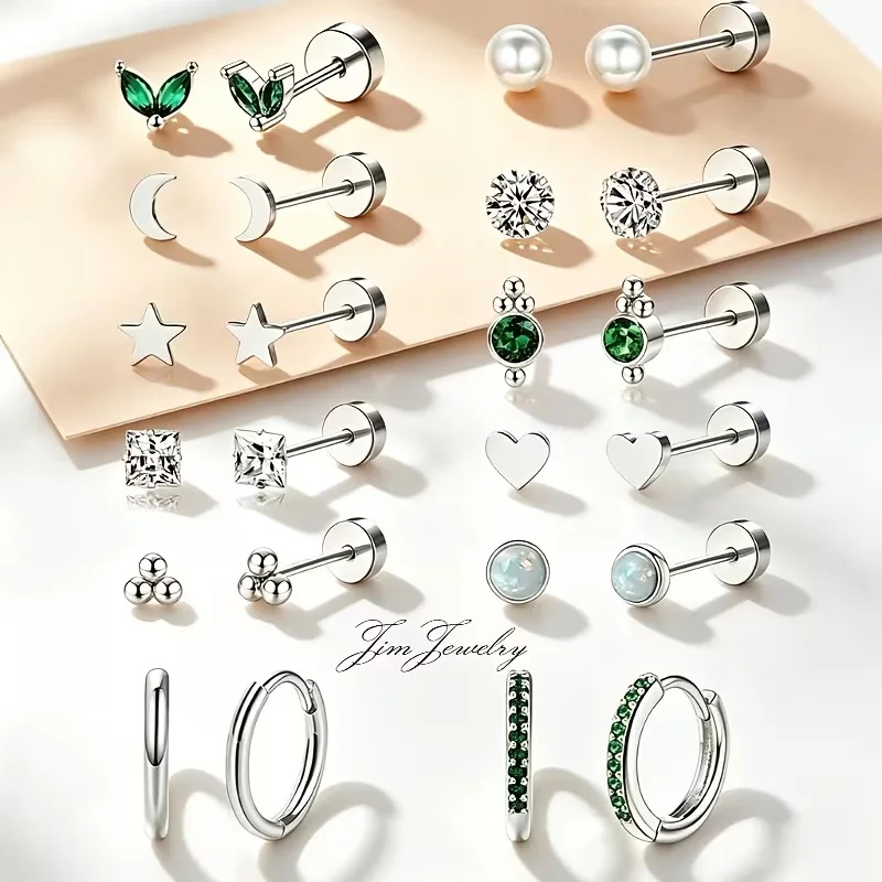 316L Edelstahl 12 Paar Hypoallergene Herz-Stern-Ohrstecker Schrauben-Kugel Runde Ohrringe für Damen Ohrknorpel-Piercing – Detail 5