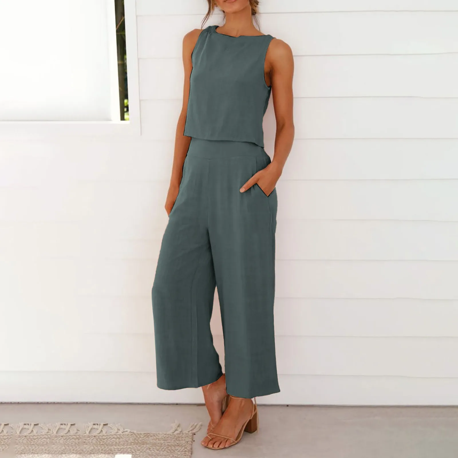 Summer Cotton Linen Suits Sleeveless O-Neck Tank Fashion Comfortable Vest And Long Pants Solid Color Casual Loose Top Set Suit