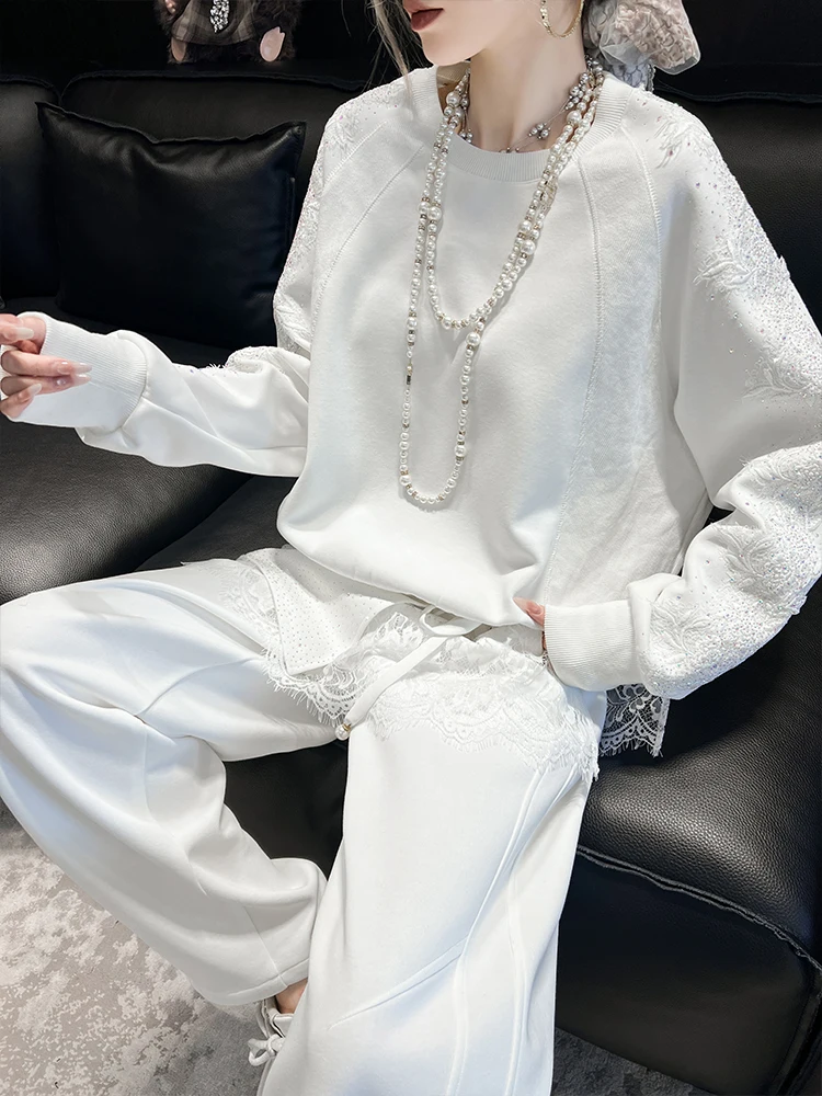 

Spring 2026 Women's Heavy Embellished Sweatshirt round Neck Lace Splicing Long Sleeve Casual Fashion Top Glittering Rhinestones