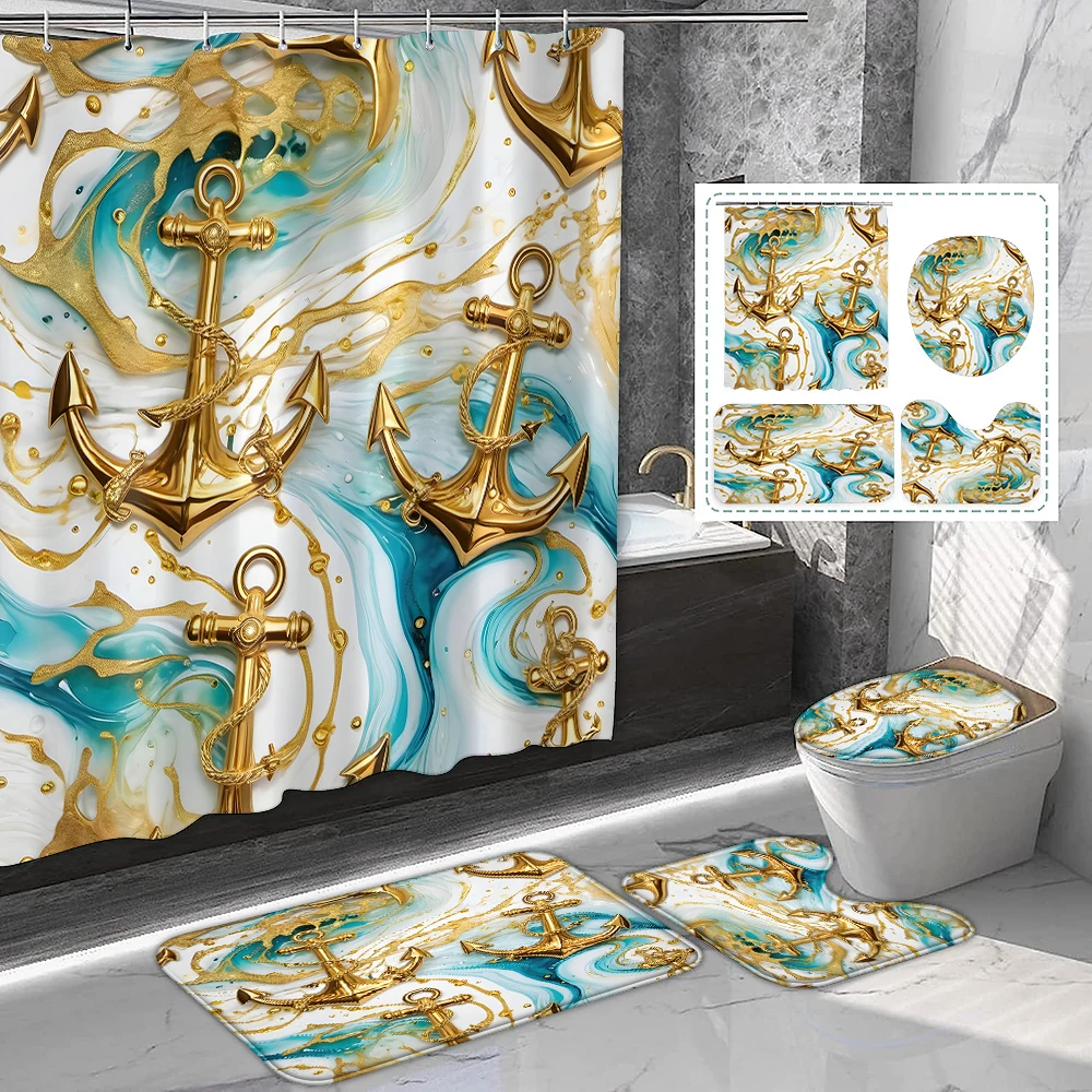 

1 set of Gold Anchor Blue and White Printed Shower Curtain Set with Hooks Toilet Bathroom Mat Bathroom Supplies