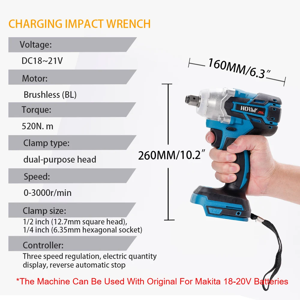 18V 520Nm Brushless Cordless Electric Impact Wrench Rechargeable 1/2 Wrench For Makita 18V Battery+Wrench Socket+3000mAh Battery