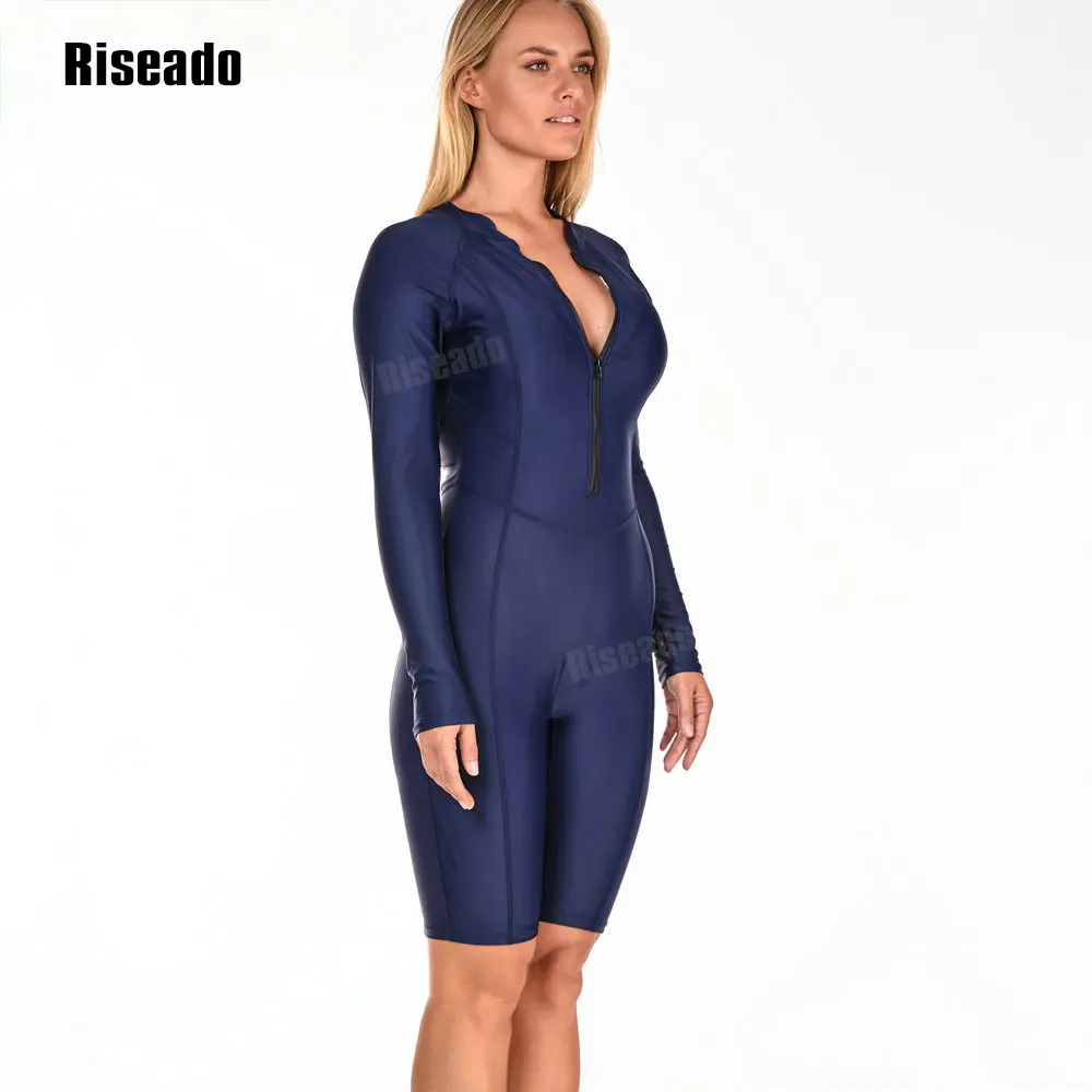 Costume da bagno intero da donna costume da bagno imbottito Rash Guard a maniche lunghe protezione UV muta da Surf blu Navy con Zip frontale