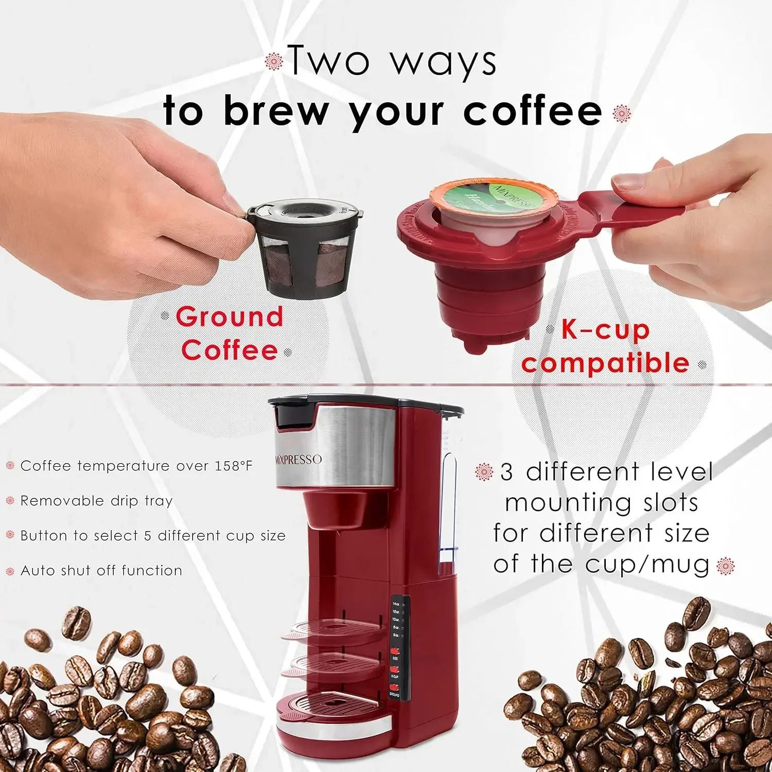 Mixpresso Single Serve Coffee Brewer K-Cup Pods Compatible & Ground Coffee 30oz Compact Coffee Maker Single Serve 5 Brew