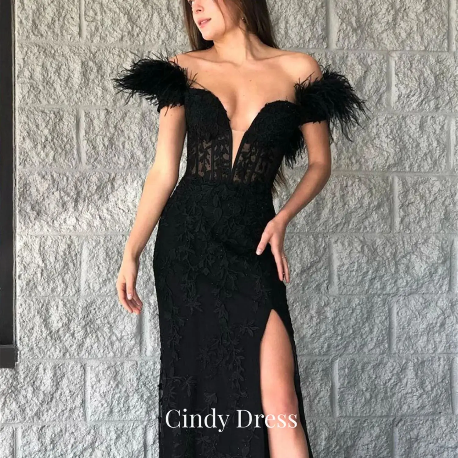 

Cindy 3D Flowers Lace Feather Mermaid Black Dresses Wedding Guest Dress Women Evening Gown Ball Gowns Robe De Soiree Femmes Prom