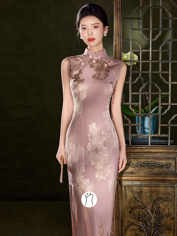 

Pink Sleeveless 2026 New Chinese Style Wedding Dress Long Qipao Gown Low Slit Breathable Floral Embroidery Thin Mat...