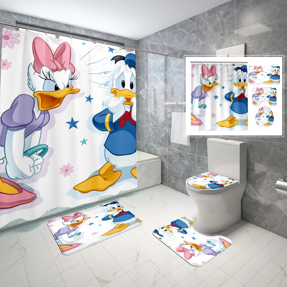 1/4Pcs 70*70inch Mickey Donald Duck cartoon Waterproof Shower Curtain Set with Non-Slip Rugs,Toilet Lid Cover,Bath Mat ,12 Hooks