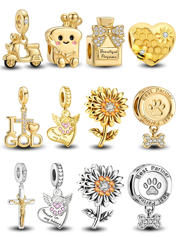 925 Sterling Silber Hundeschüssel Sonnenblume Motorrad Gold Serie Charm Anhänger für Armbänder DIY Damen Hochwertiger Edel-Schmuck