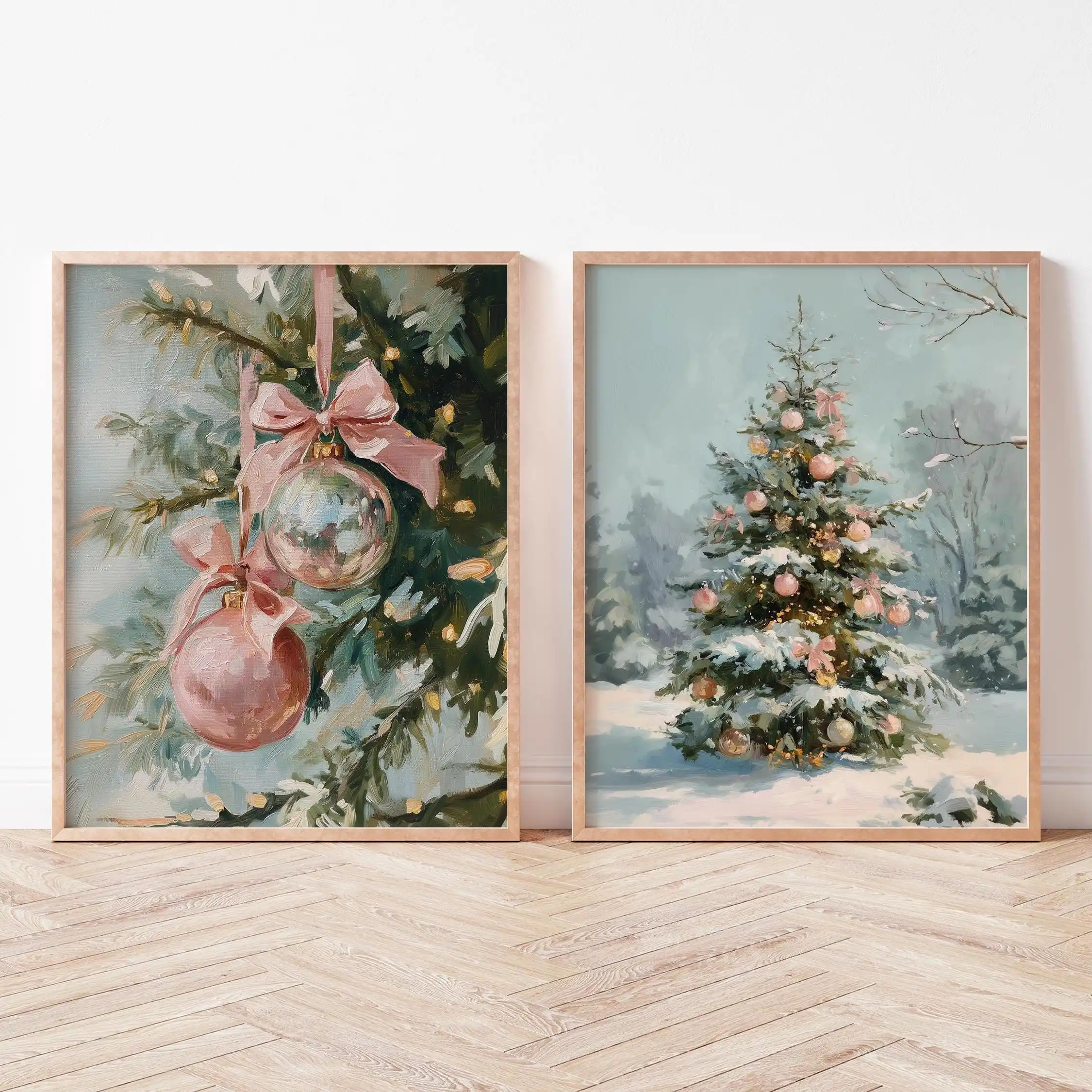 3pcs frameless Canvas Painting 3pcs/Set Vintage Pink Christmas Poster Gallery - Unframed Pastel Holiday Winter Wall Art Poster C
