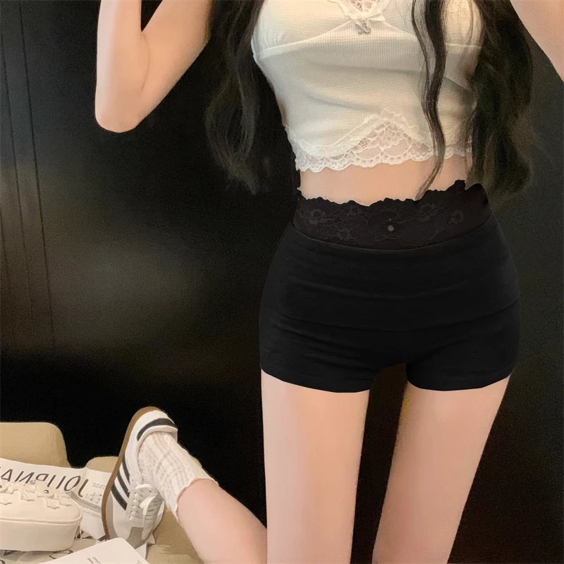 Elastic Lace Patchwork High Waist Curvy Sensual Shorts Women's Summer Sexy Slimming Casual Butt-Lifting Shorts Straight Leg