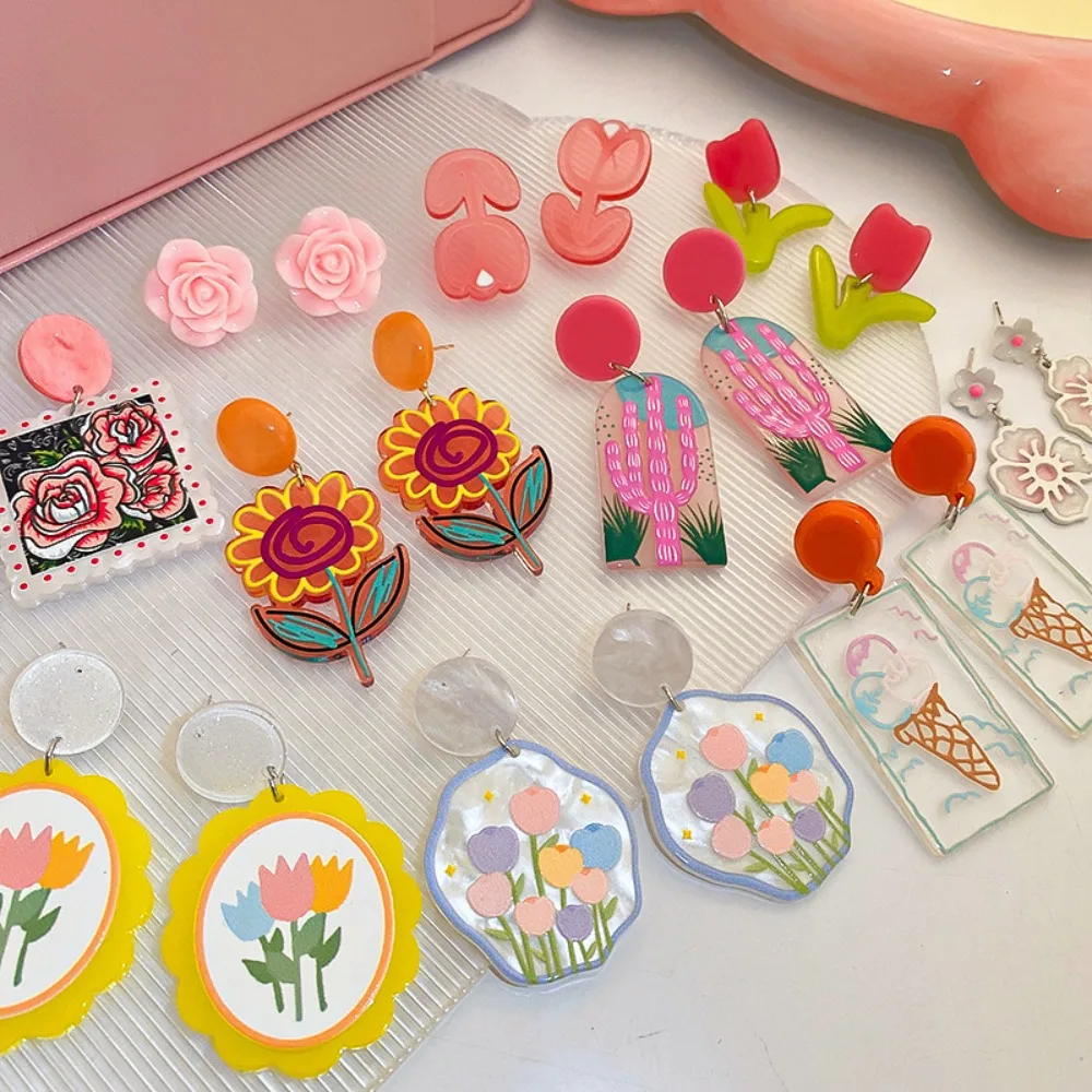 Sweet Exquisite Colorful Tulip Rose Flowers Ear Clips Dangle Earrings for Women Spring Summer Garden Friends Gathering Jewelry