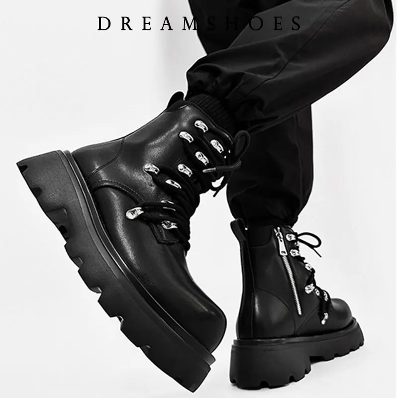 2025 أحذية رجالية بسحاب ماركة فاخرة جلد طبيعي شتاء غير رسمي سميك القاع الرجال الإيطالية مصمم فاسق دراجة نارية الأحذية