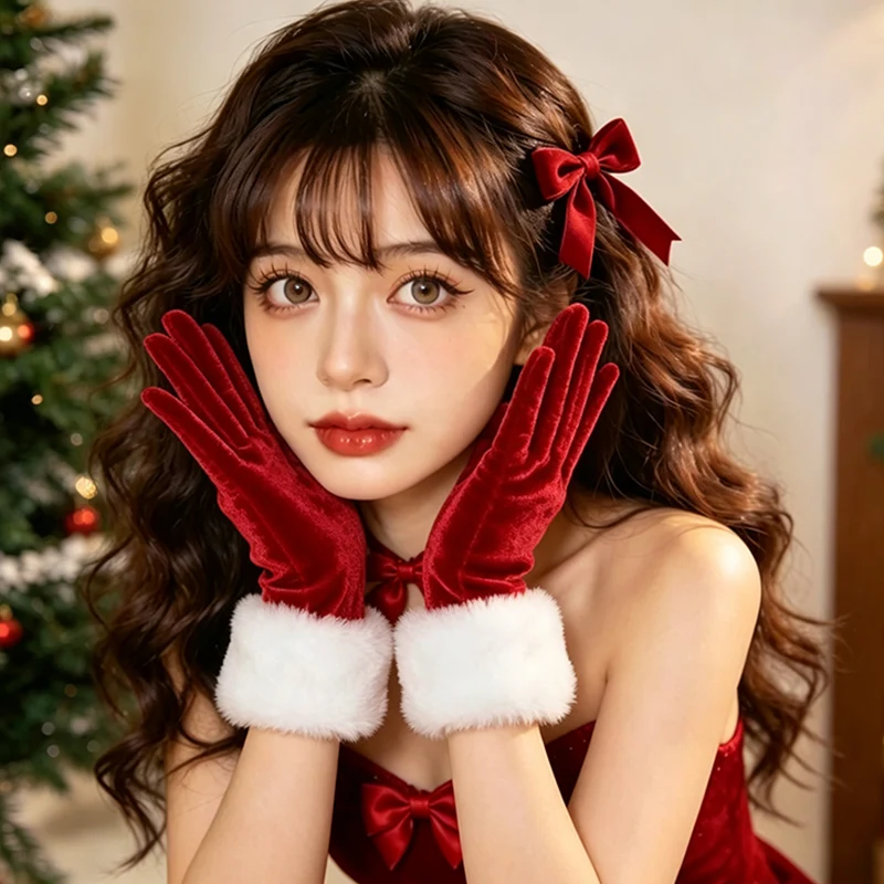 Christmas Gloves Party Performance Gloves Short Gold Velvet White Hairy Mouth New Year Bridal Wedding Photo Ball Red Thick Glove