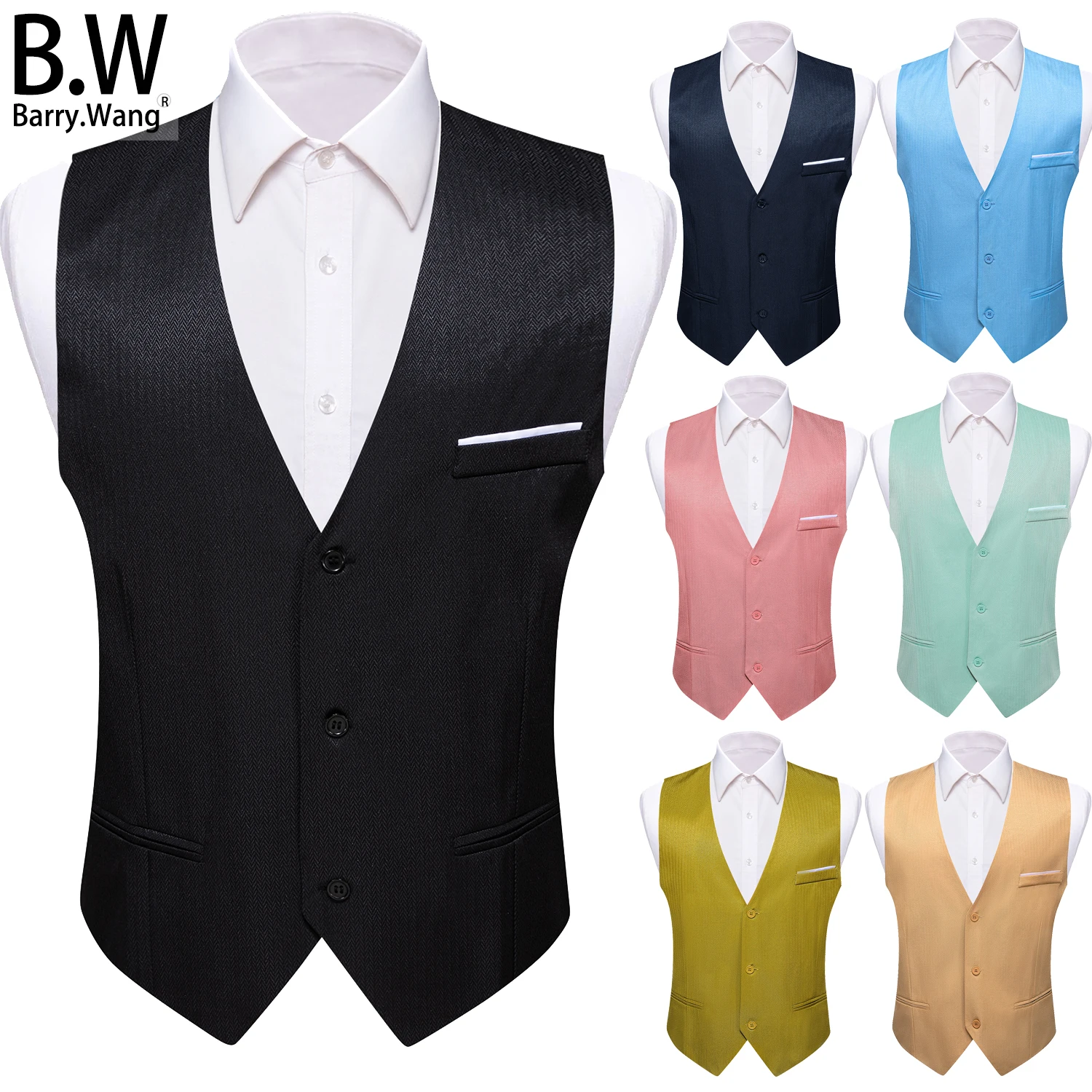 Barry.Wang Desinger Silk Men Vest Jacquard Solid Striped 3 Buttons Slim Waistcoat Sleeveless Jacket Male Wedding Business Party