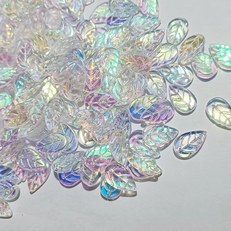 Cuentas de cristal con forma de hoja transparente para fabricación de joyas, abalorios espaciadores sueltos de vidrio checo de 11x18mm AB, coloridos, para manualidades