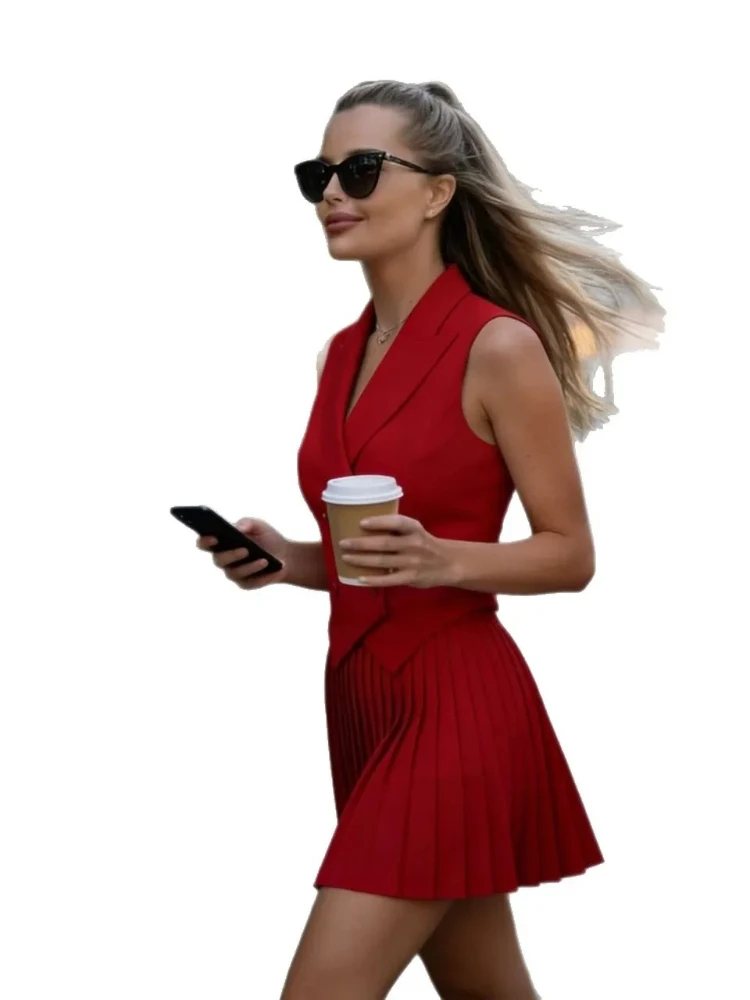 Women's White Sleeveless Blazer & Pleated Skirt Sets Summer Versatile Solid Color Irregular Hem Tops + Mini Skirts 2 Piece Set