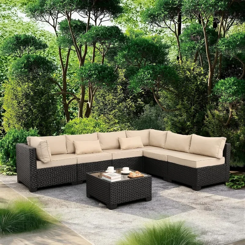 Valita Outdoor Wicker Furniture Conversation Set Patio Sectional Sofa Set Glass Table with Non-Slip Cushions Furniture Cover