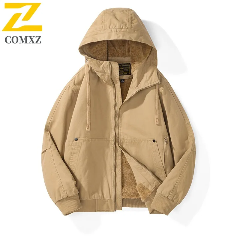 

COMXZ Мужская зимняя куртка с капюшоном 2025 г., морозостойкая ветрозащитная уличная куртка с капюшоном, уличная куртка с хлопковой подкладкой